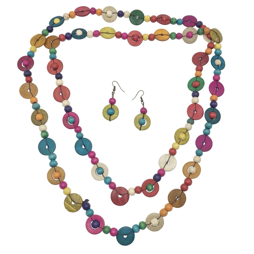 Multicolor Coco Wood Beaded Super Long Bright Necklace Earrings Set